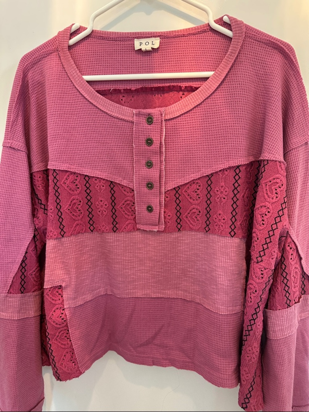 POL Rose-Pink Waffle Knit Lace-Panel Henley Pullover